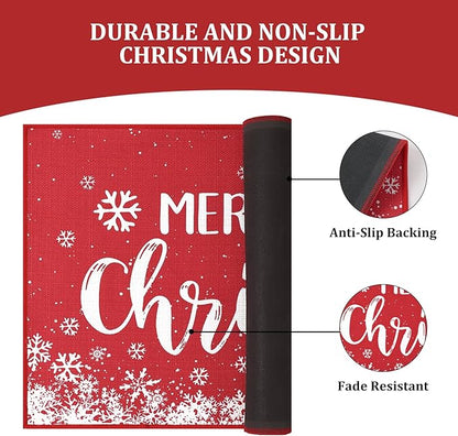 CAROMIO Christmas Doormat 20 x 32 Inch Xmas Holiday Decorative Christmas Snowflake Welcome Mat for Home Decoration Non Slip Door Mat Outdoor Indoor Entrance Floor Mat, Red