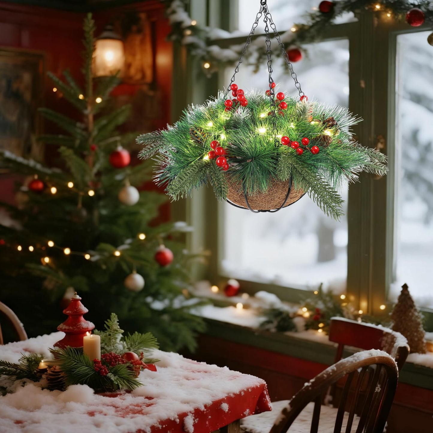winemana Pre-Lit Artificial Christmas Hanging Basket Outdoor Decoration with Pine Cones & Red Berry Clusters, Battery Powered with Timer Lighted Branches Faux Plants for Outside Porch Front Door