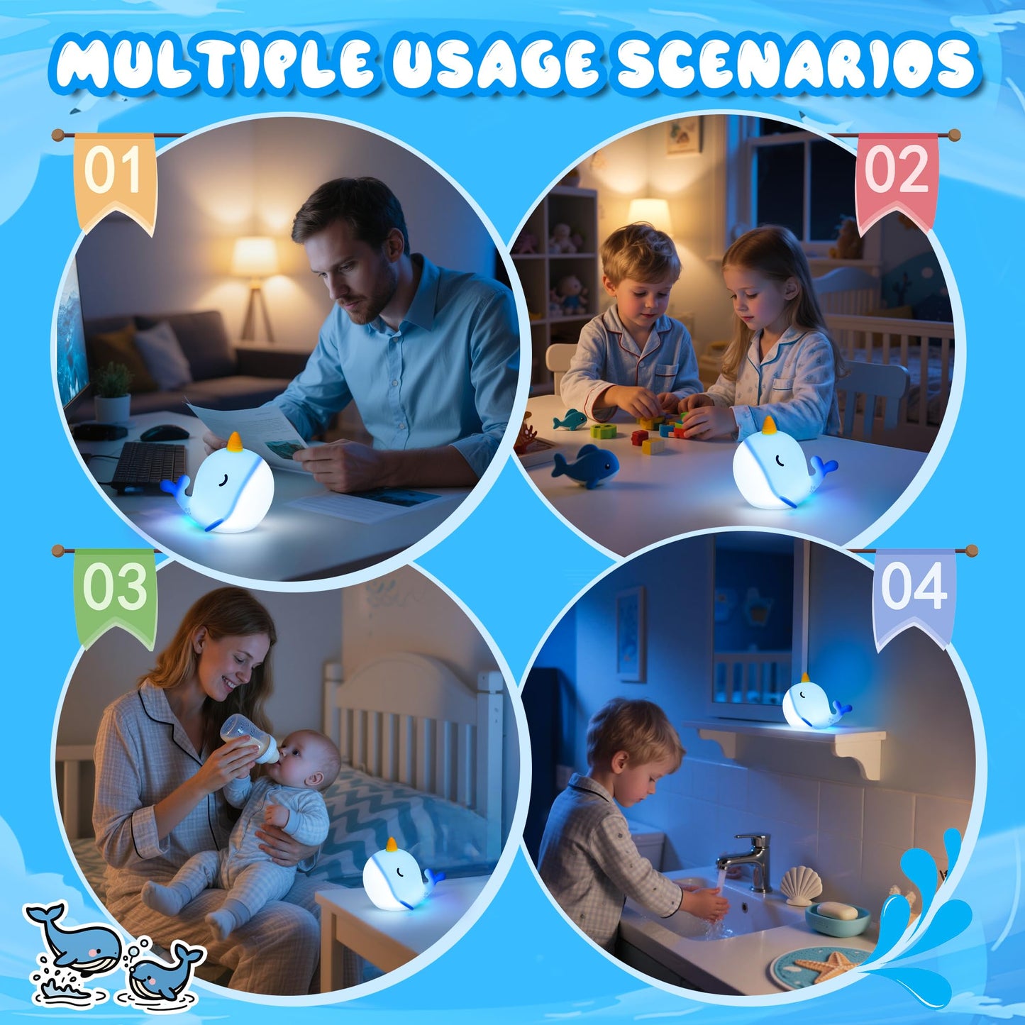 Ammonite Blue Narwhal Night Light, Soft Silicone Whale Nursery Lamp with 3 Dimming Levels and 30-Minute Timer, Touch Control Nightlight for Bedroom Decor, Christmas Birthday Gift