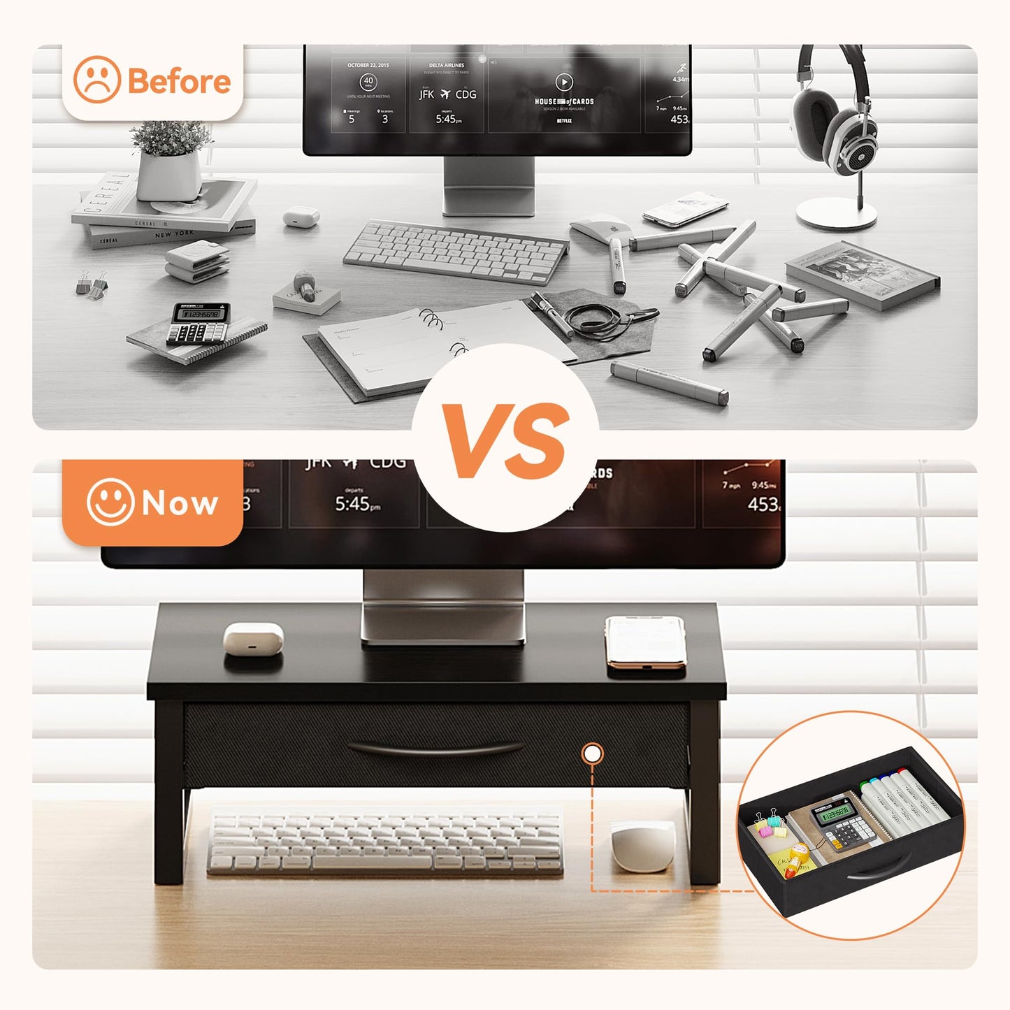 HEWORLIF Computer Monitor Stand Riser, Desk Organizers and Accessories with Drawer, 2-Tier Laptop Stand for Desk, Office Organizer Storage, Wood