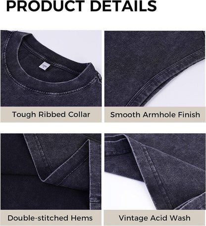 Men's Vintage Washed Muscle Tank Tops - 3 Pack Heavyweight Cotton Gym Shirts | Oversized Fit