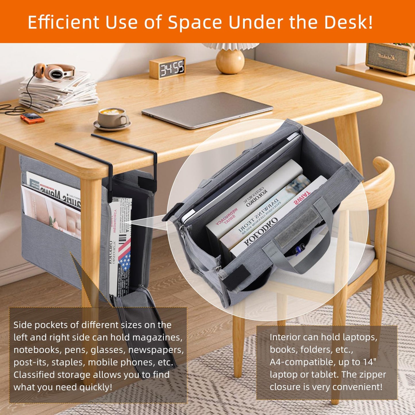 MASTLU Under Desk Hanging Storage Bag, Desk Organizer Storage, Office Side Storage Bag, Compatible with A4 Files, Detachable Handle Design, No Assembly Required, For Office Home School (Grey)
