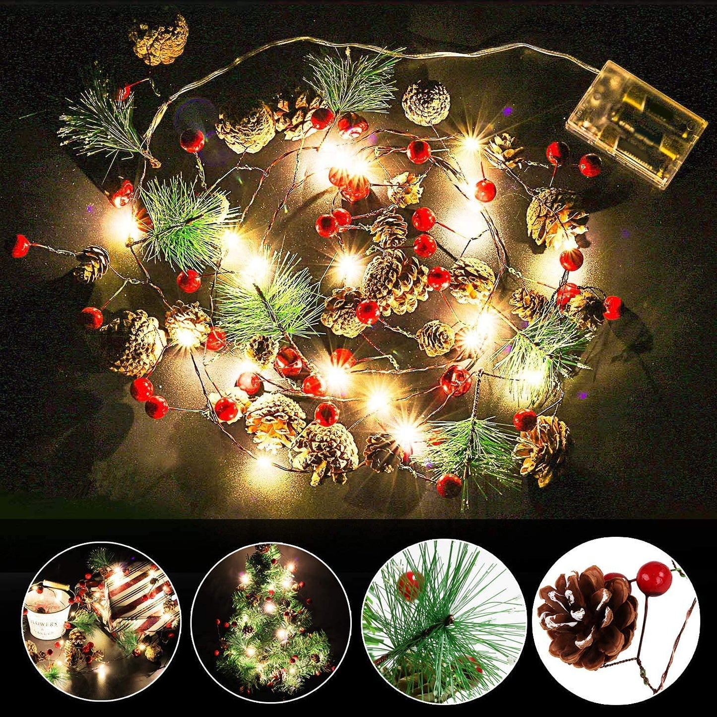 Hongyitime 7.8 FT PineCones String Lights, Christmas Pine Cone Light String, 20 LED Red Berry Pine Cone Garland Lights, led Garland String Lights, Christmas Decorations for Home