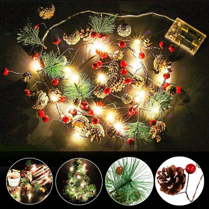 Hongyitime 7.8 FT PineCones String Lights, Christmas Pine Cone Light String, 20 LED Red Berry Pine Cone Garland Lights, led Garland String Lights, Christmas Decorations for Home