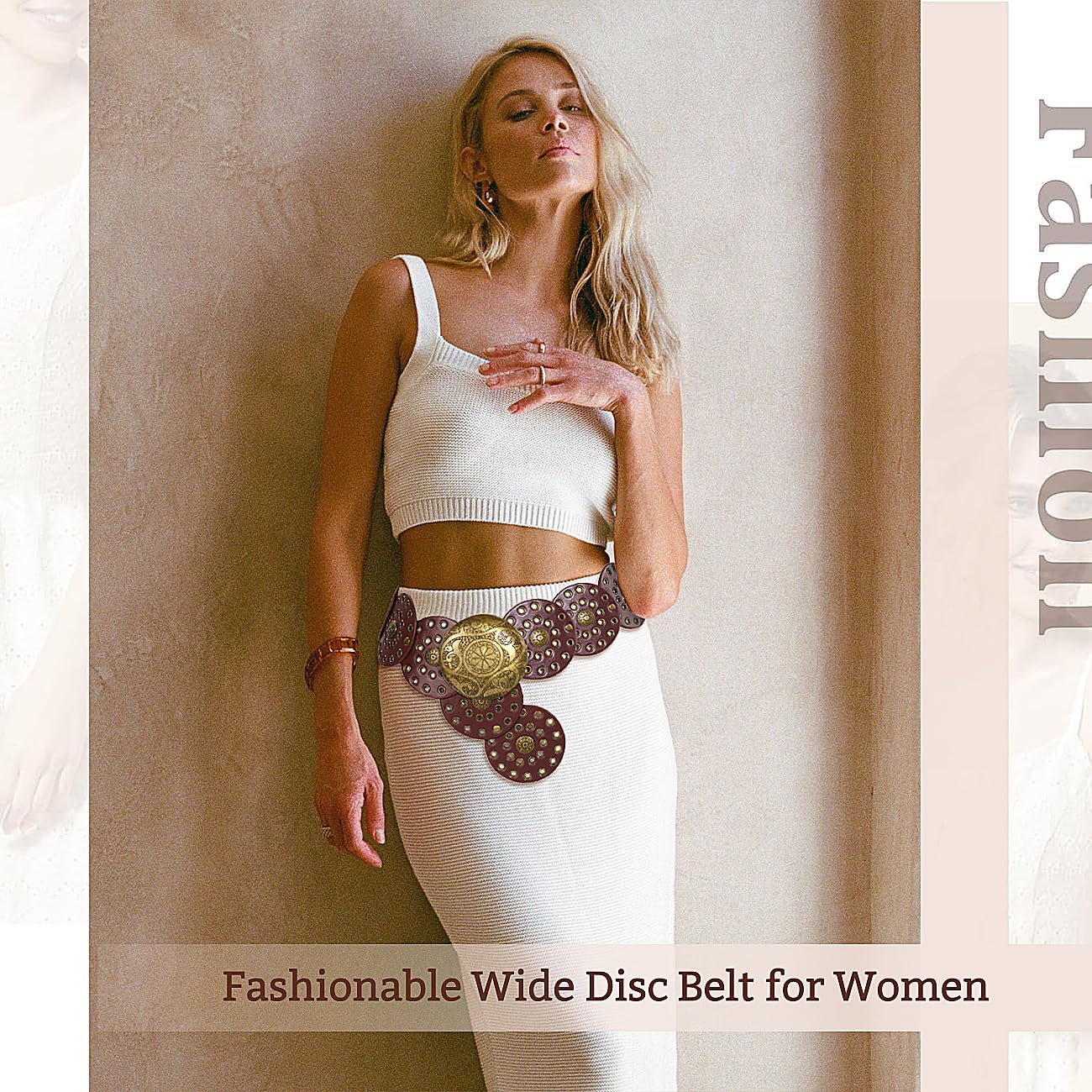 HIQUACC Wide Disc Belt for Women Vintage Leather Hollow Out Round Belt Western Waist Belt (Copper Brown S)