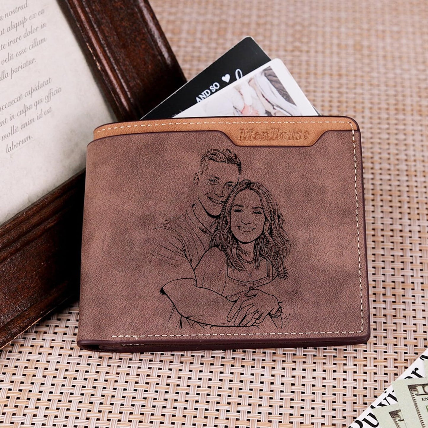 Cupike Custom Wallets for Men, Personalized Minimalist Leather Bifold Wallet Engraved with Name & Photo Initials, Customized Wallet Gifts for Fathers Boyfriend Son Husband