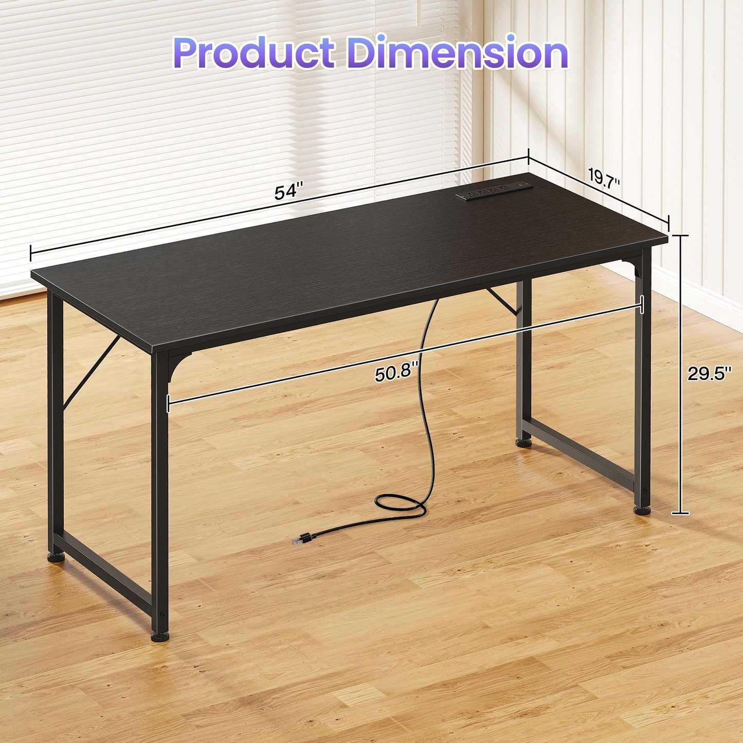 PRAISUN 55 X 20 Inch Office Computer Desk with Power Outlets and USB-C Port, Larger and Longer Gaming Desk, for Home Office, Study, Bedroom, Writing Work from Home Table, Metal Frame, Black