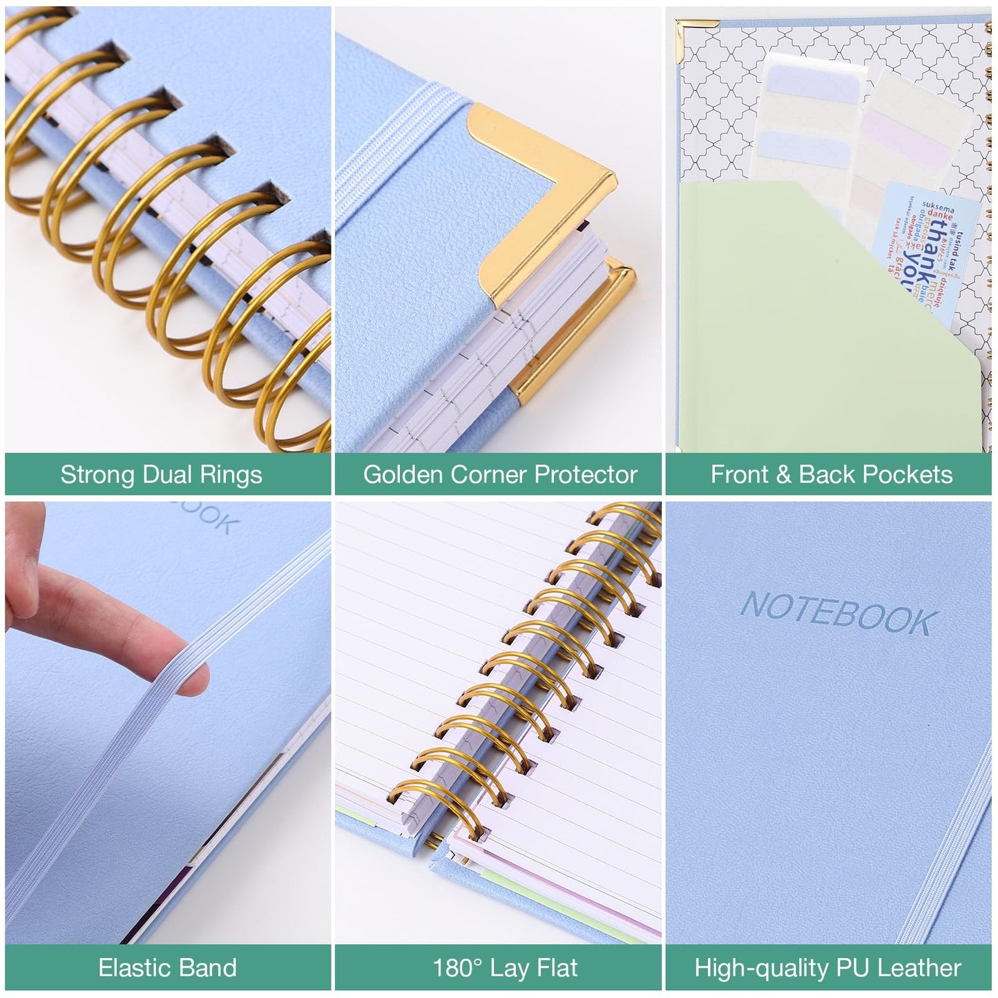 College Ruled Notebook, Spiral Notebook 8.5" x 11", Leather Hardcover Notebook Journal for Women Men, 5 Subject Notebook with Dividers, Journaling Notebooks for Work School, Large Lined Journal, Blue