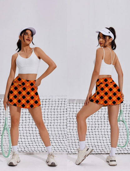 PINSPARK Skorts High Waisted Tennis Skirts with Shorts Women Pleated Mini Skirts American Flags Skirts,Orange Print Large