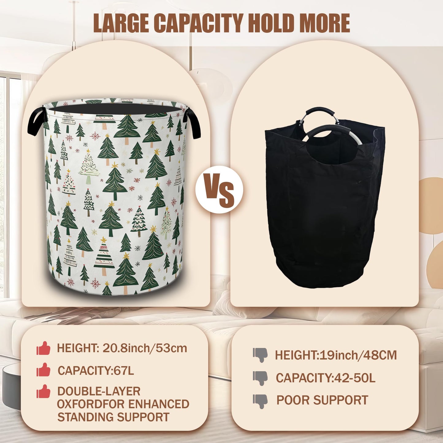 Christmas Pine Tree Laundry Basket,Waterproof Foldable Laundry Hamper,Dirty Clothes Basket, Linen Bin Storage Organizer Collection 16" x 20.8"