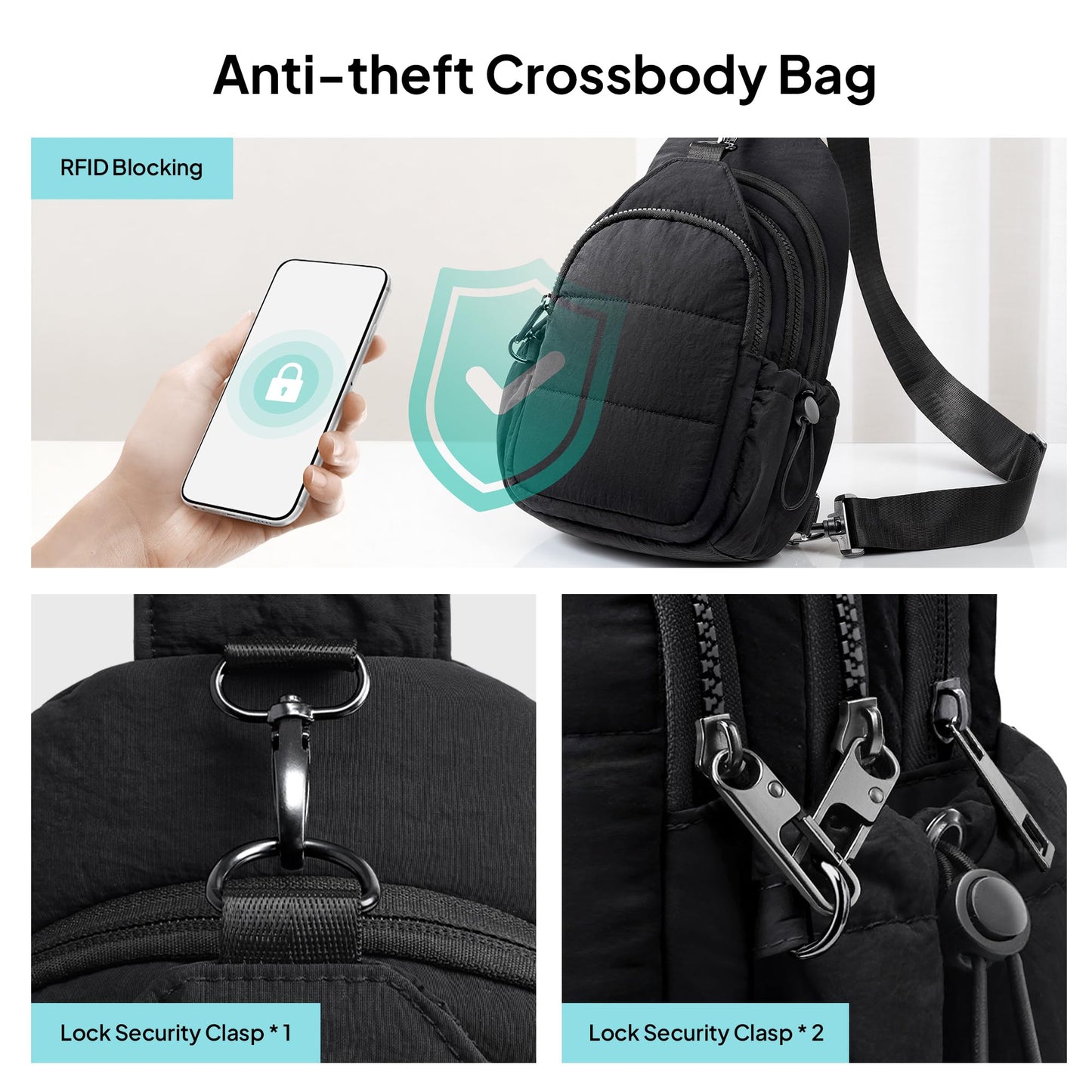 TOPEAST Sling Bag for Women, Anti-Theft Crossbody Bag with RFID Blocking & Water Bottle Holder for Travel, Lightweight Puffer Cross body Purse for Daily Hiking, Water-resistant, Black