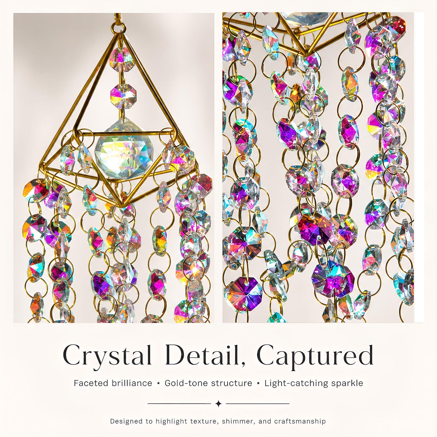 HDCRYSTALGIFTS Crystal Suncatchers for Window Hanging Glass Wind Chime Style Garden Sun Catchers with Crystals Prisms Rainbow Maker Indoor Outdoor Decor Handmade Gold Plated