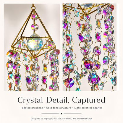 HDCRYSTALGIFTS Crystal Suncatchers for Window Hanging Glass Wind Chime Style Garden Sun Catchers with Crystals Prisms Rainbow Maker Indoor Outdoor Decor Handmade Gold Plated