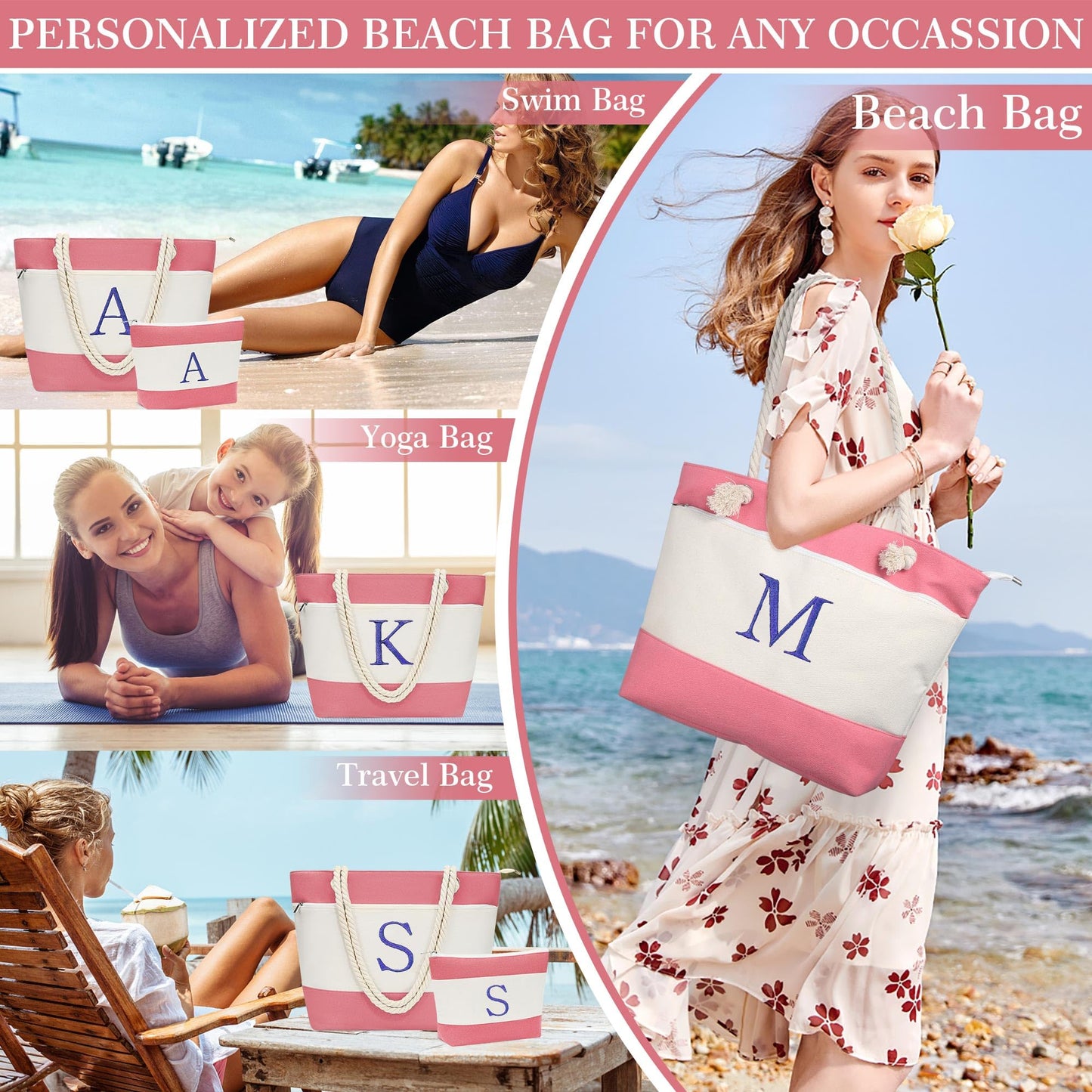 YOOLIFE Personalized Beach Bag - Monogram Beach Tote Swim Pool Bag for Travel Essentials, Personalized Birthday Gifts for Women Her Best Friend Female Gift Idea Girlfriend Birthday Gifts J