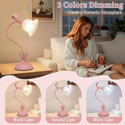 Vintage Flower Table Lamp, 3 Color Temperature Flexible Gooseneck Cute Small Desk Lamp for Bedroom, Kawaii Nightstand Bedside Lamps for Living Room, Dorm, Office, Home Decor (Pink)
