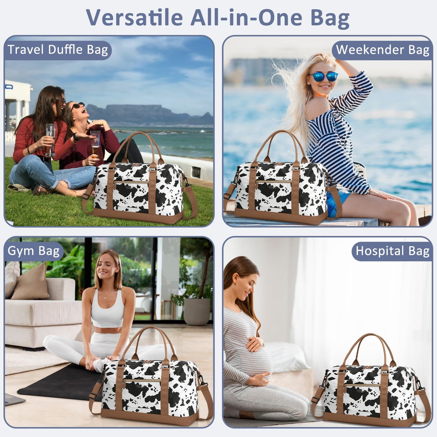 ELONGRIVER Travel Duffle Bag for Women, Weekender Bags, Hospital Bag for Labor Delivery, Lightweight Tote Duffel Overnight Bag with Luggage Sleeve, Airplane Travel Bags with Toiletry Bag, Large, Cow