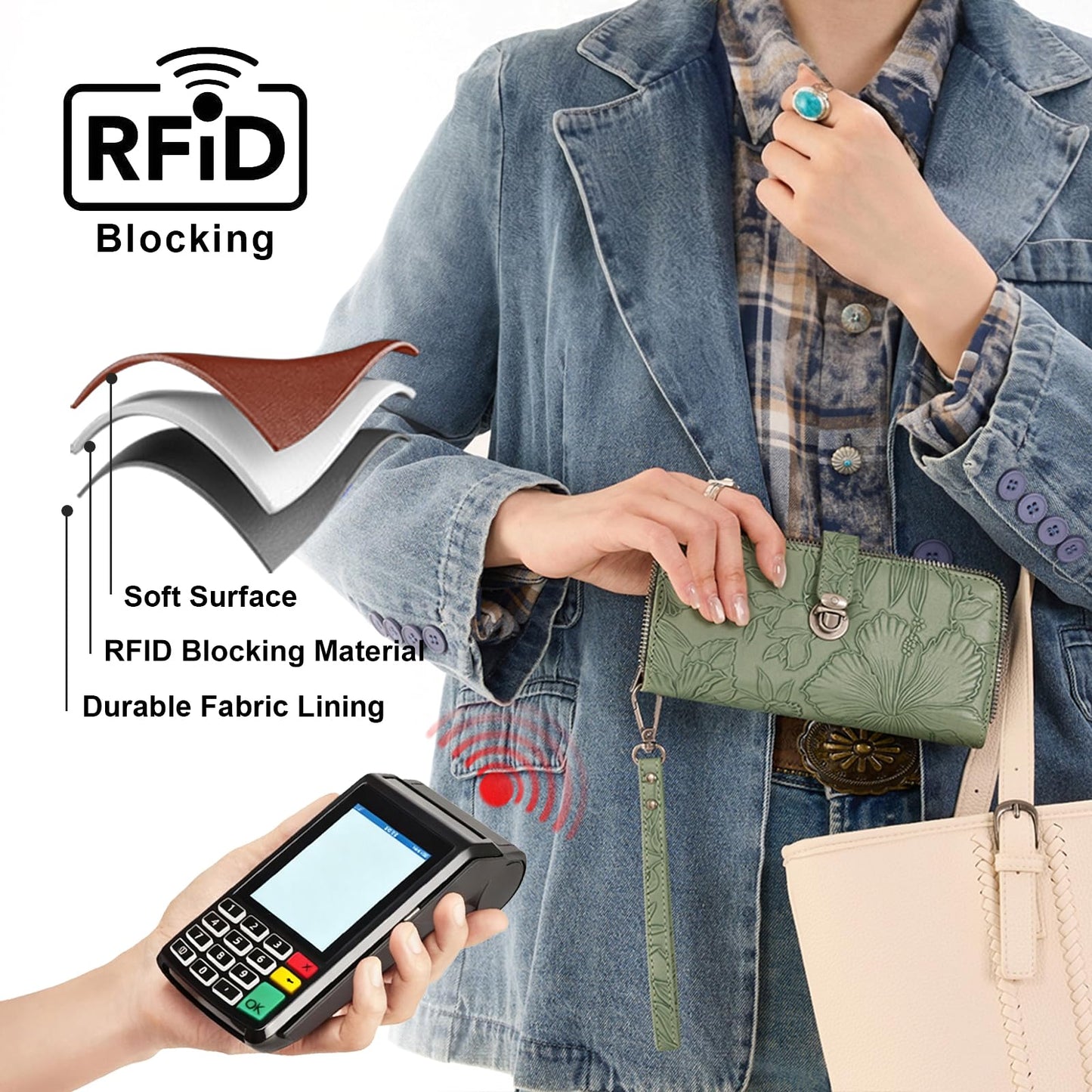 Montana West Green Floral Wallet Wristlet Women Large Capacity RFID Blocking Wallets, Card Cases & Money Organizers Ladies Female Bifold Clutch Wallets with ID Window and Latch Gifts