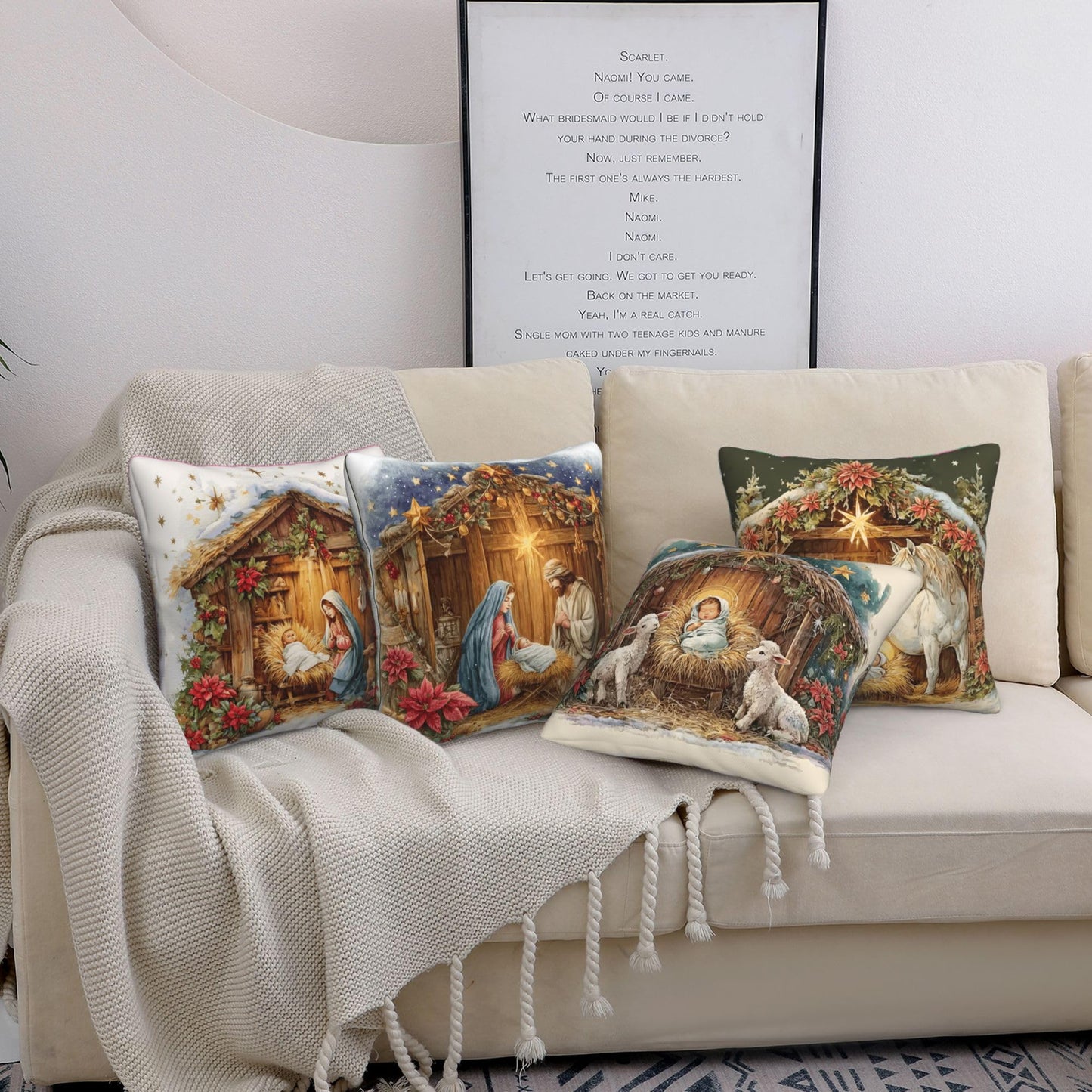 Worltoldb Christmas Bear Deer Throw Pillow Covers Set of 4 Winter Xmas Decorative Soft Linen Fabric Square Cushion Case for Room Bedroom Sofa Car 18x18 (Christmas O Holy Night, 18 * 18)