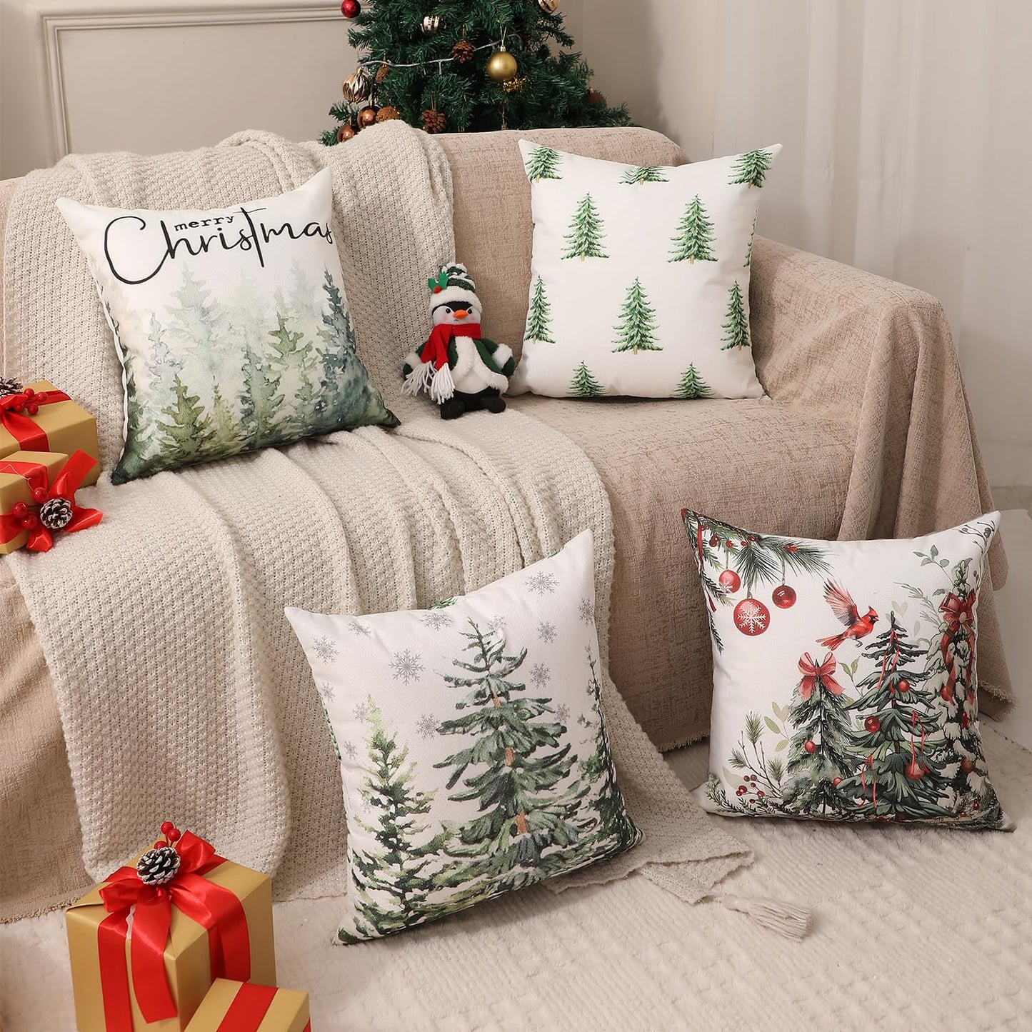 multiwins Double-Sided Print Christmas Pillow Covers 18"x18" Set of 4, 8 Cute Christmas Patterns, Tree, Merry Christmas, Truck, Merry & Bright, Let It Snow, Etc, Perfect for Home Decor