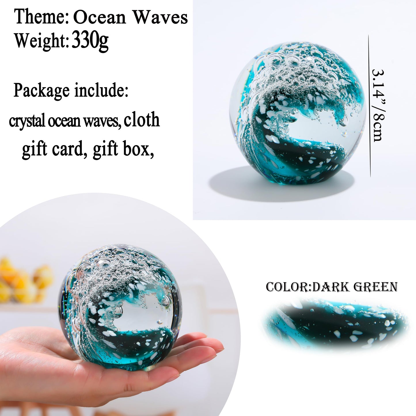 Qianwei Hand Blown Ocean Waves Crystal Ball - Glass Collectible Figurines Spere - Paperweight Glass Ball Aquarium DecorOffice Decor Ocean Lovers