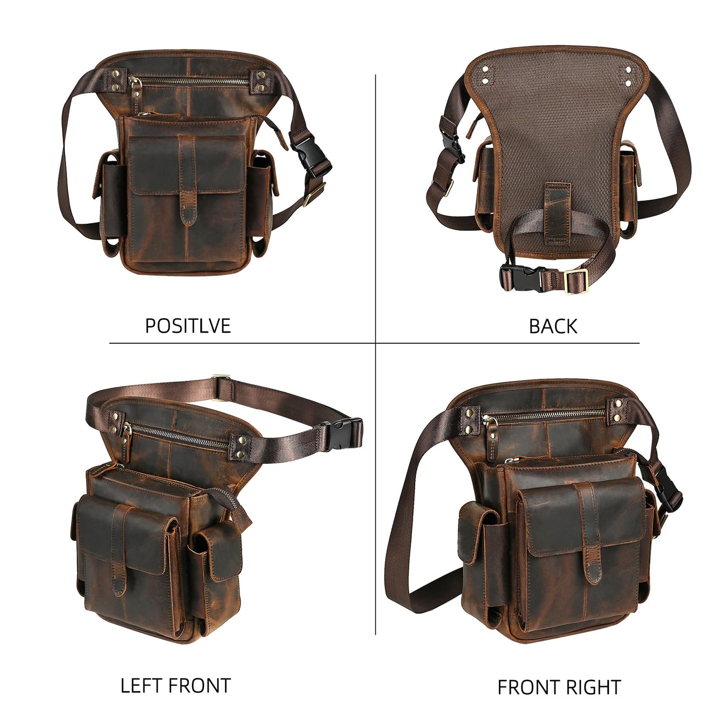 Handadsume Water Resistant Canvas + Leather Motorcycle Travel Fanny Waist Pack Drop Thigh Leg Bag Pouch For Men Women FB913-5 (100% Genuine Leather-Brown)