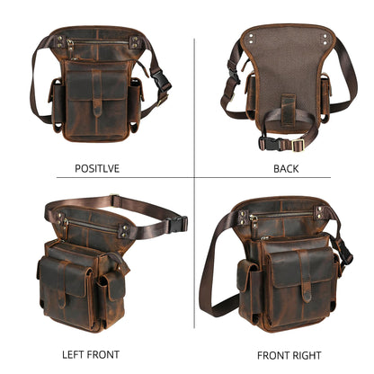 Handadsume Water Resistant Canvas + Leather Motorcycle Travel Fanny Waist Pack Drop Thigh Leg Bag Pouch For Men Women FB913-5 (100% Genuine Leather-Brown)