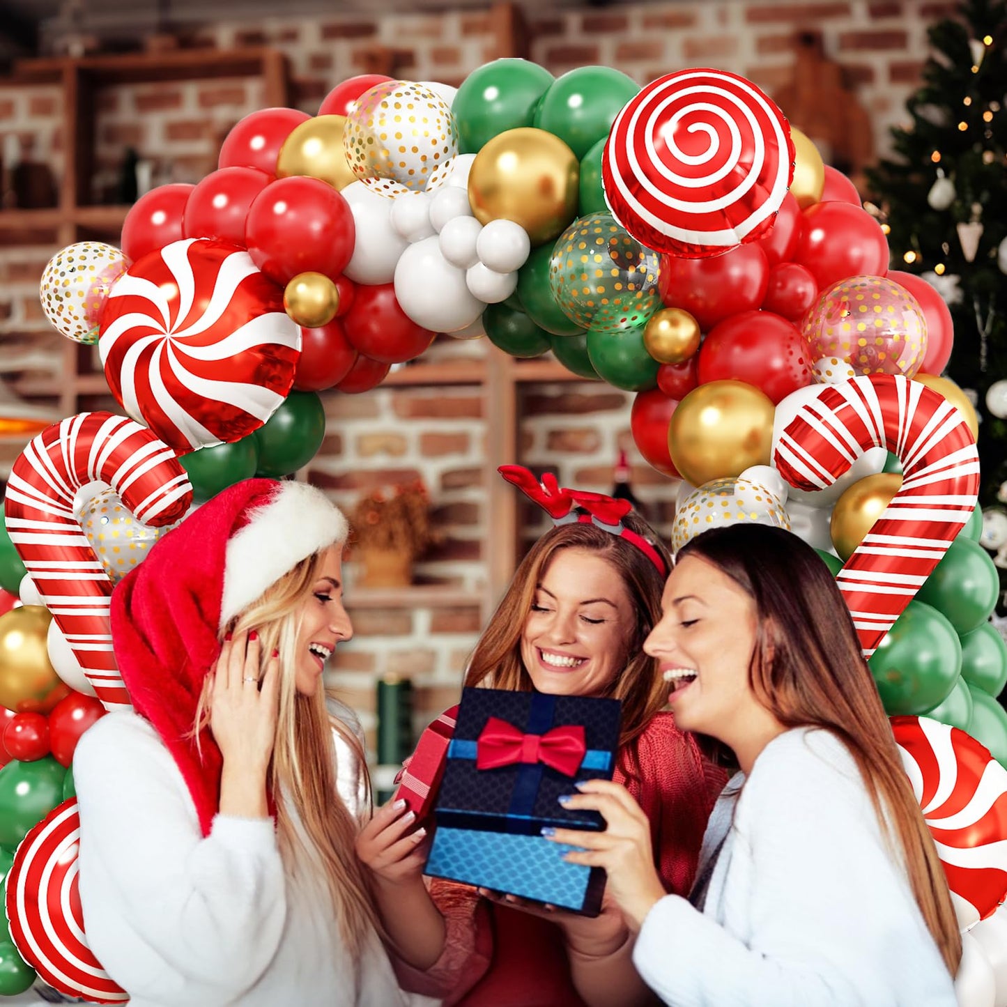 Christmas Balloon Garland Arch Kit, Red Green White Gold Balloons with Large Candy Cane Swirl Mylar Star Foil Balloons for Holiday Xmas Party Decorations