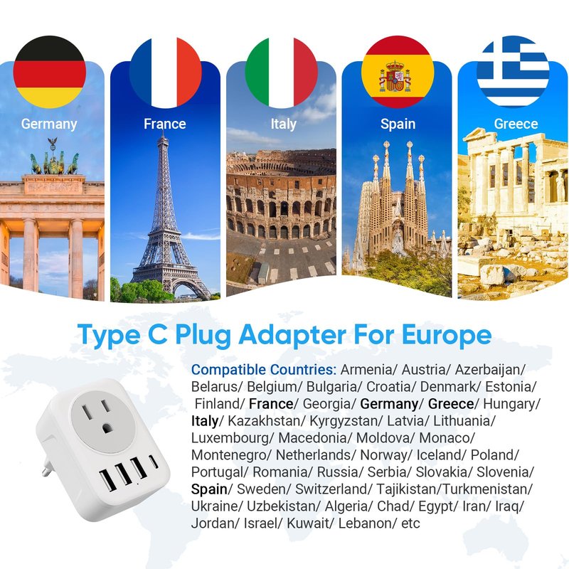 [2-Pack] European Travel Plug Adapter, RATEA International Power Plug Adapter with 3 USB Type A, 1 Type C Outlet Adaptor Charger for US to Most of Europe EU Spain Italy France Germany