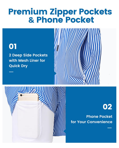 maamgic Mens Swim Trunks with Compression Liner 5 Inch, Quick Dry Bathing Suit with Zipper Pockets, Stretch No-Chafing Swim Shorts, Blue White Stripe Medium