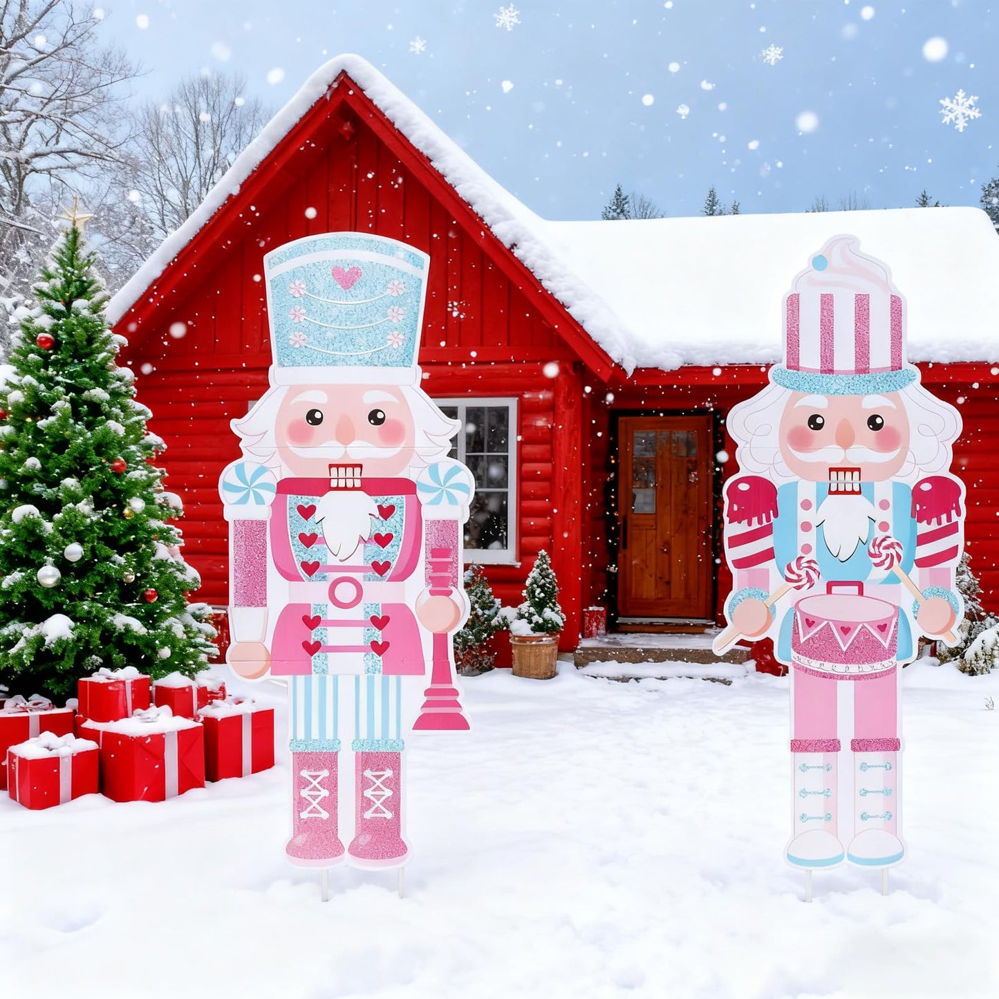 GOLDCROW 2 Pcs Nutcracker Yard Stakes, Christmas Nutcracker Porch Sign, Pink Christmas Yard Decorations for Lawn, Garden, Outdoor Xmas Winter Holiday Party Supplies
