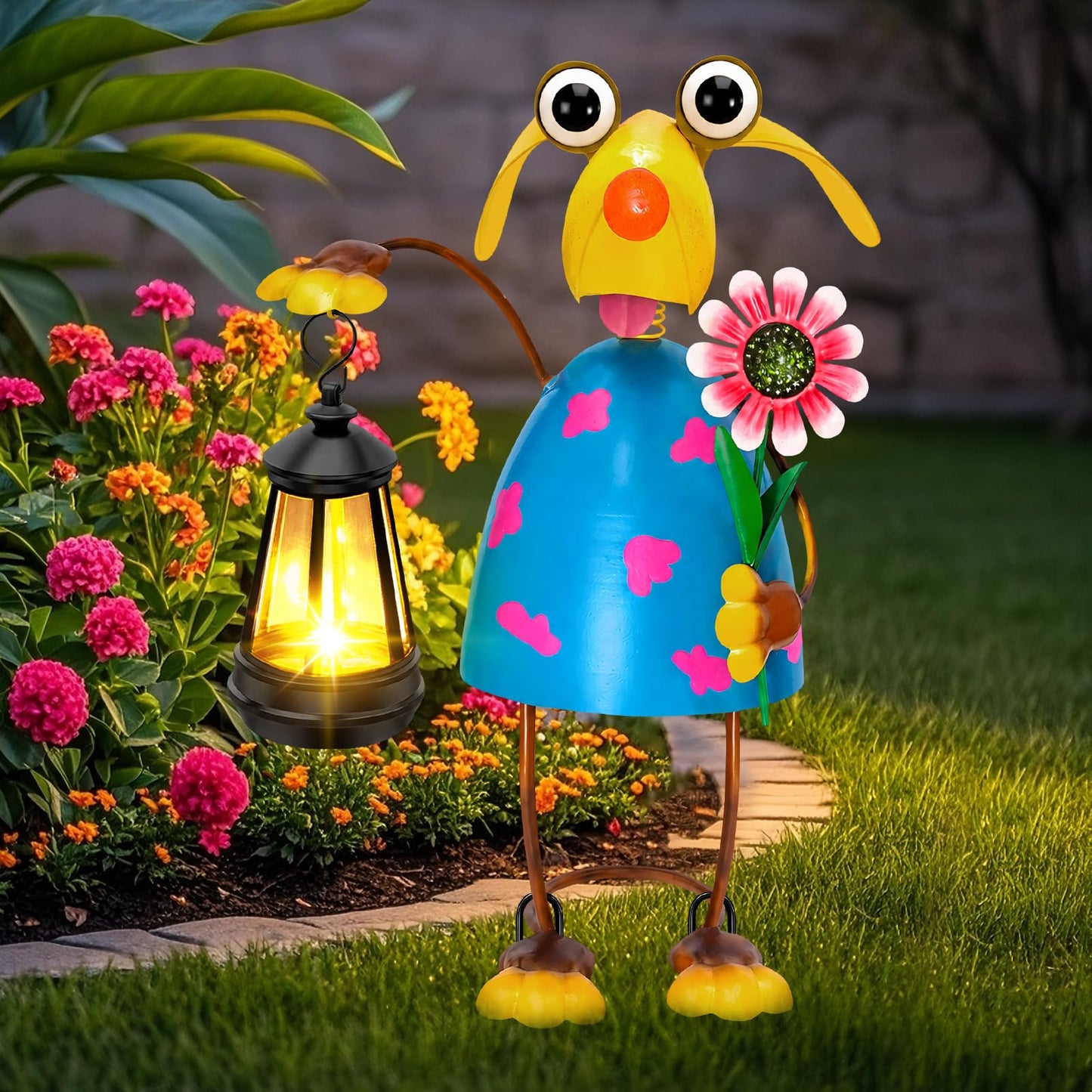 Solar Garden Lights Dog Statue with Solar Lantern Lights,13.38in Tall Dog Decor Outdoor Figurine Lights,Birthday Gifts for Women Mom Grandma,Big Metal Decorative Stakes for Patio,Porch,Yard Art,Lawn