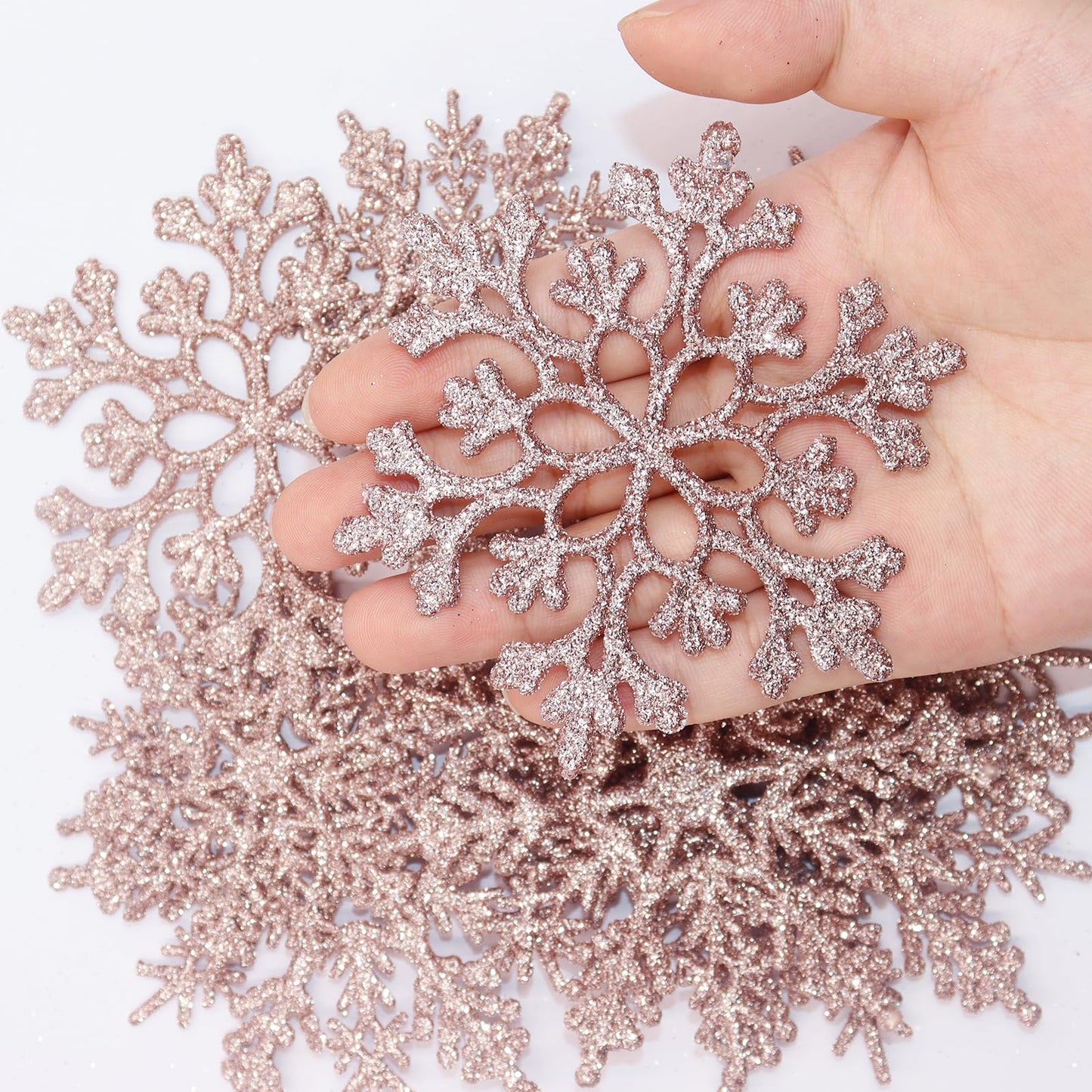 36pcs Christmas Rose Gold Snowflake Ornaments Plastic Glitter Snow Flakes Ornaments for Winter Christmas Tree Decorations Size Varies Craft Snowflakes