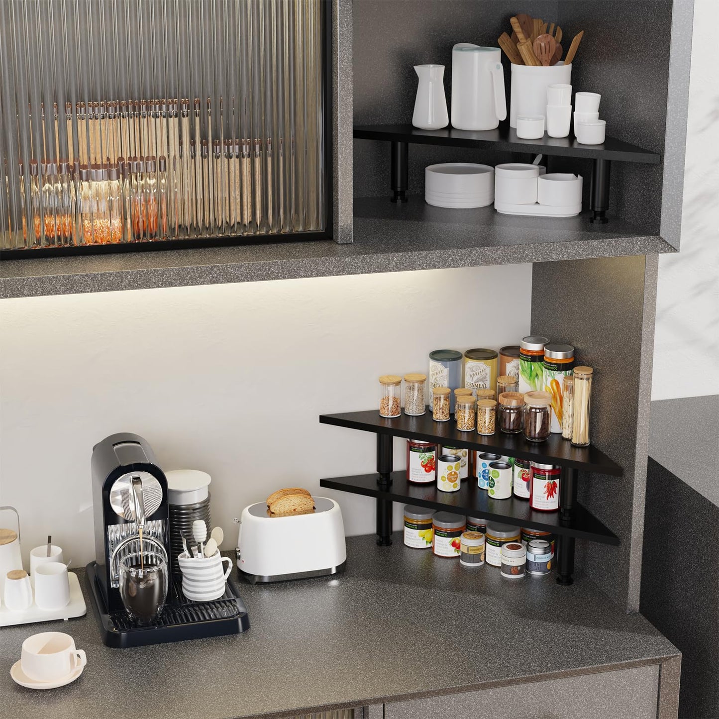 WEGASTU 2 Pack White Corner Monitor Stand, Triangle/Square Adjustable Height Riser, 27-inch Universal Desktop Shelf for Computer, Laptop, PC, iMac, Printer (Black)