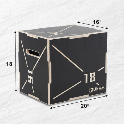 ZUKAM Non-Slip Wood Plyometric Jump Box- 3-in-1 Wooden Plyo Box for Home Gym and Outdoor Workout (20" x 18" x 16")