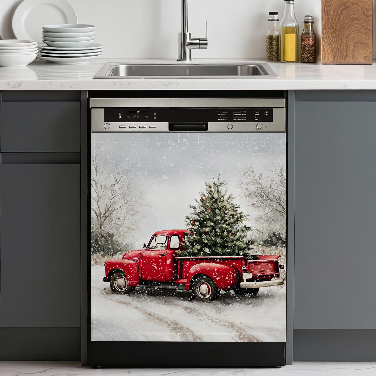 Washable Red Truck Dishwasher Magnetic Cover for Kitchen Decor,Christmas Tree Refrigerator Magnet Front Panel for Appliances,23 x 26 Inch