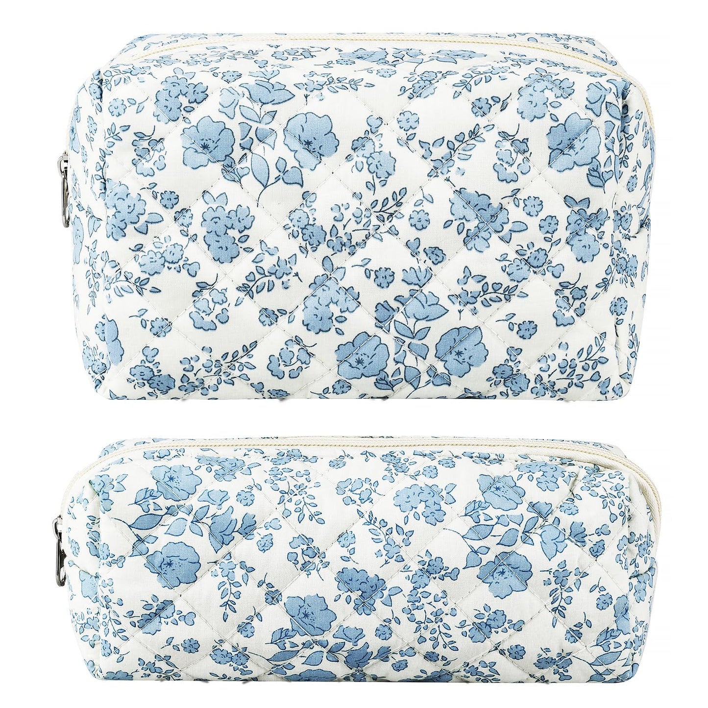 URSKYTOUS 2Pcs Floral Makeup Bag for Women Cotton Quilted Small Coquette Cosmetic Bag Cute Zipper Blue Flower Makeup Pouch Aesthetic Portable Pencil Case Travel Toiletry Bag Trendy Cloth Skincare Bag