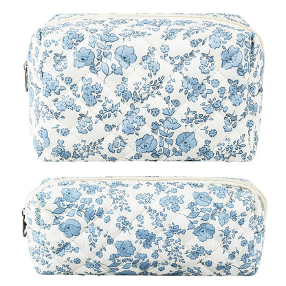 URSKYTOUS 2Pcs Floral Makeup Bag for Women Cotton Quilted Small Coquette Cosmetic Bag Cute Zipper Blue Flower Makeup Pouch Aesthetic Portable Pencil Case Travel Toiletry Bag Trendy Cloth Skincare Bag