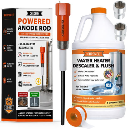 Powered Titanium Anode Rod Kit for Water Heater 40-89 Gallon with NSF Certified Flush and Descale Solution, Not for Bradford White