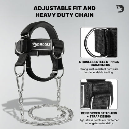 DMoose Fitness Neck Harness Plus for Weight Lifting - Soft Padded Head & Chin Strap with 30" Heavy Duty Steel Chain, 2 Bands & Door Anchor - Neck Exerciser & Strengthener (Neck Harness Plus)