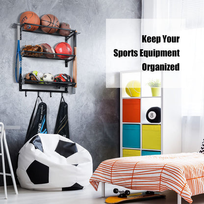 XCSOURCE Sports Equipment Organizer, 3-Tier Ball Storage Rack with Bat & Racket Holders, Wall Mounted Garage Sports Gear Storage Shelf with 4 Hooks for Balls, Helmets & Accessories (Glossy Black)