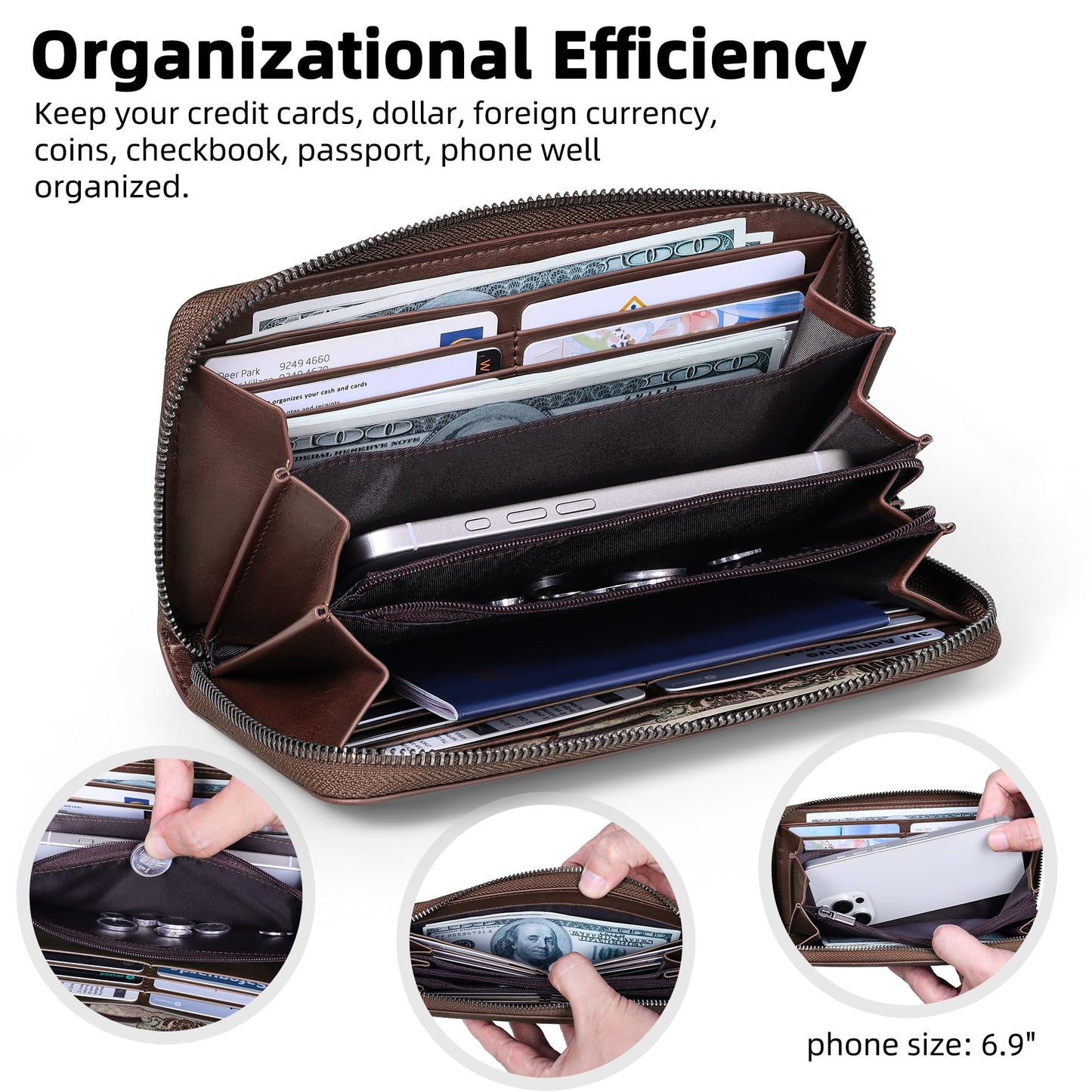 VISOUL Leather Long Zipper Pouch Wallet for Men and Women with RFID Blocking, Large Clutch Cash Long Wallet with Zipper (Brown)