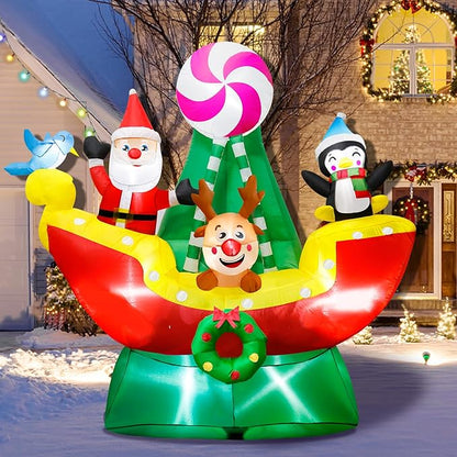 6 FT Christmas Inflatables Animals Sitting on Ship Christmas Blow ups Built in LED Lights Christmas Decorations Inflatables for Christmas Holiday Garden Lawn