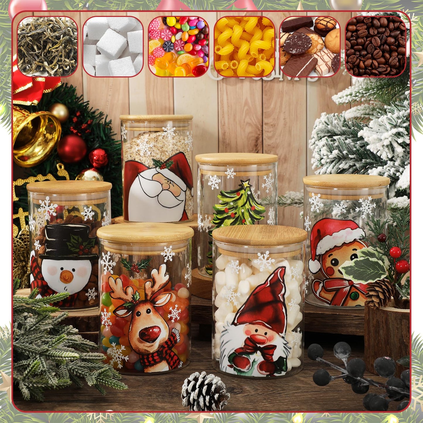 Whaline 6Pcs Christmas Glass Storage Jars with Airtight Lid Santa Snowman Reindeer Decorative Food Canisters Sets Candy Jars for Winter Xmas Home Kitchen Countertop