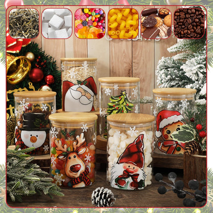 Whaline 6Pcs Christmas Glass Storage Jars with Airtight Lid Santa Snowman Reindeer Decorative Food Canisters Sets Candy Jars for Winter Xmas Home Kitchen Countertop