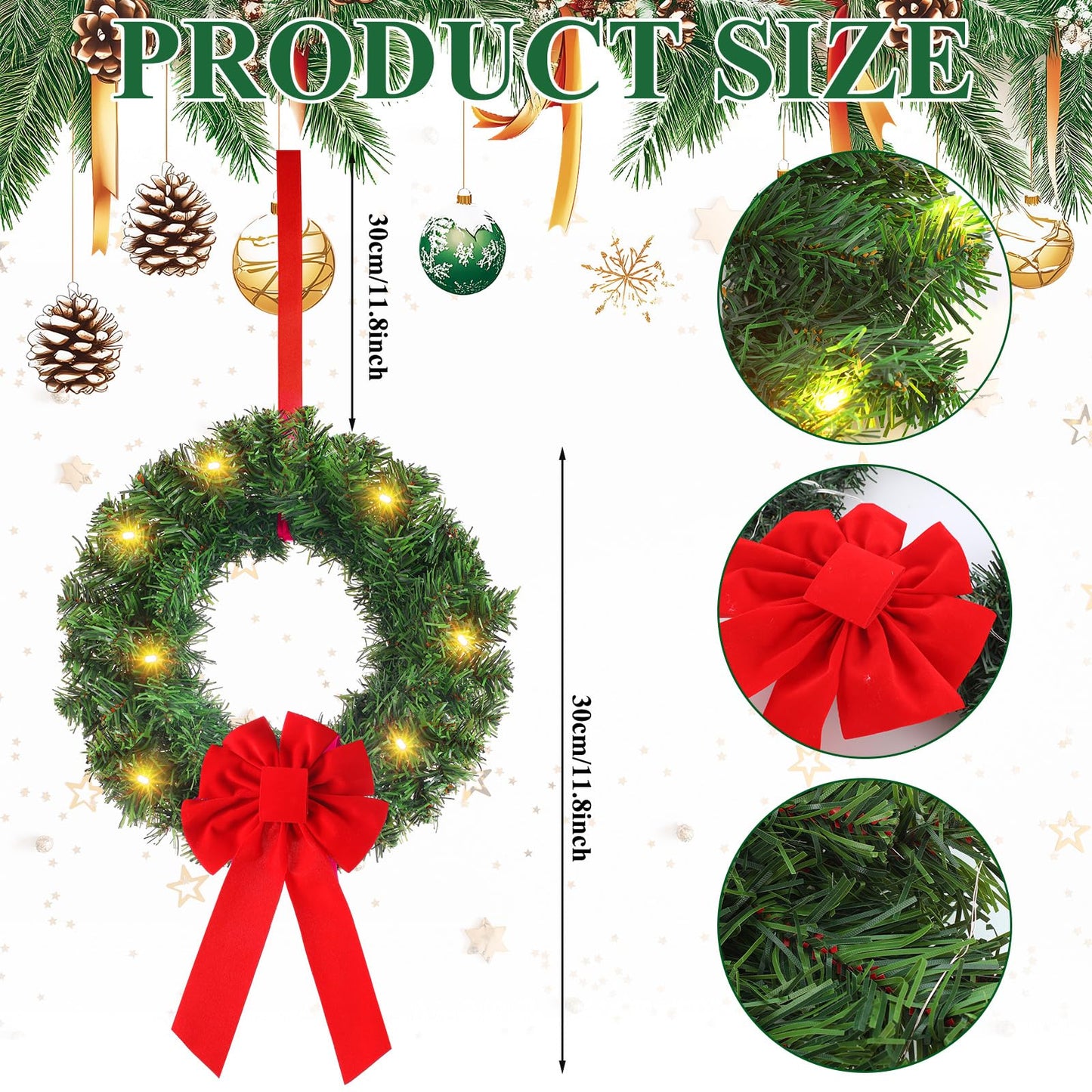 Daifunli 6 Pcs Pre Lit Christmas Wreath with Lights for Windows 11.8 Inch LED Christmas Front Door Wreath with Bow Greenery Artificial Hanging Garlands for Fireplaces Home Porch Wall Decor