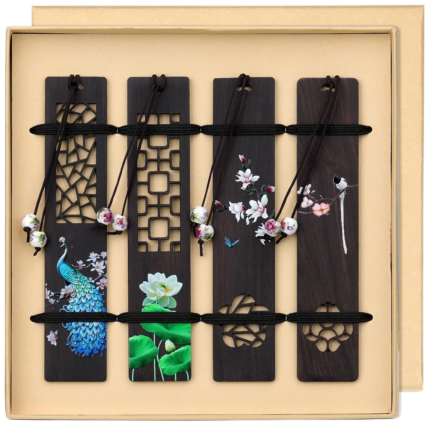 ZIZZON Wooden Bookmark for Men Women, Handmade Natural Wood Carving, Hollow Out and Painted Craft, Ideal Gifts for Men Women Friends Girls Teachers, Birthday Present (Peacock and Lotus)