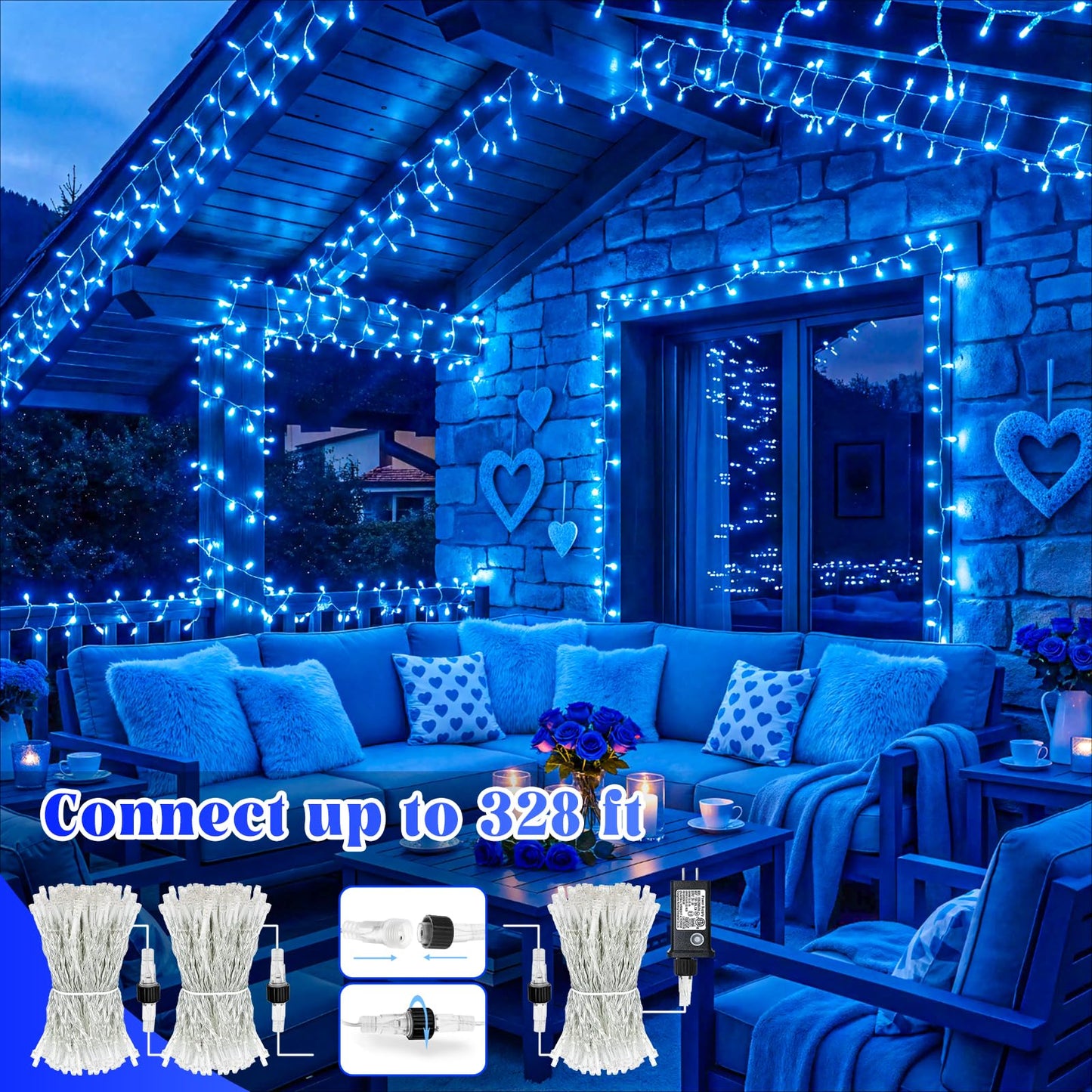 Nielfoi 100FT 300 LED Outdoor String Lights, Plug in Connectable Christmas Lights Indoor, Waterproof 8 Modes String Lights for Outside House Room Wedding Patio Garden Holiady Decorations, Blue
