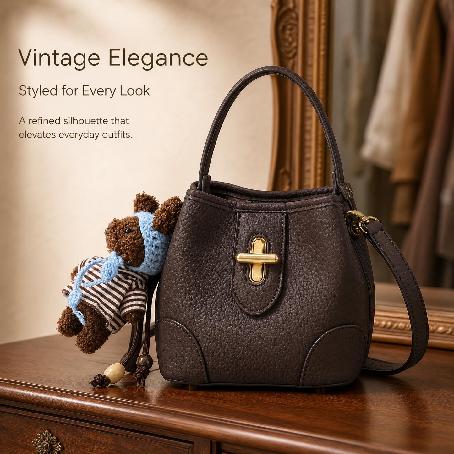 COC.EFRENAR Women's Mini Top Handle Bag, Vegan Leather Crossbody Shoulder Purse with Cute Bear Charm & Scarf, Small Bucket Handbag with Adjustable Strap