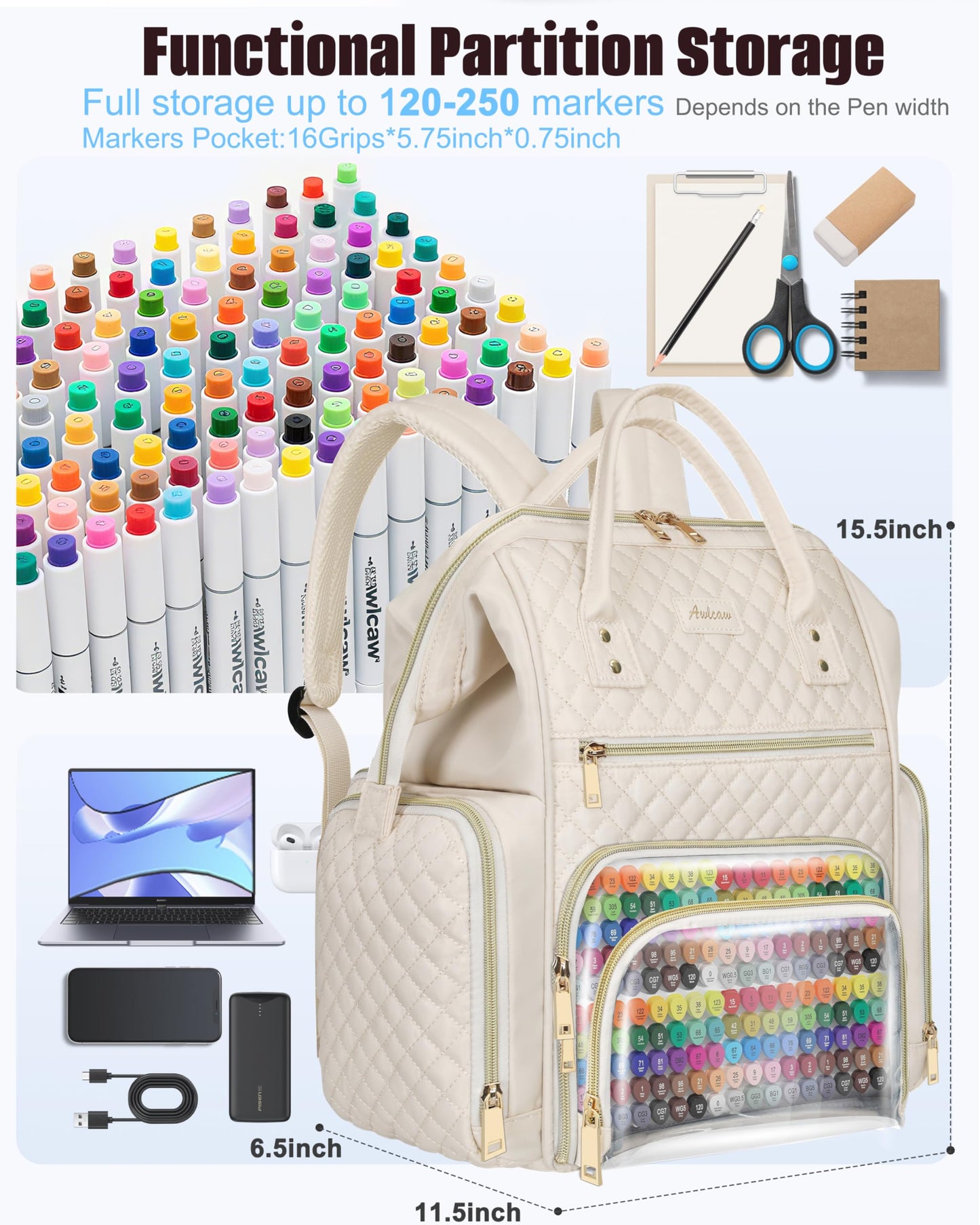 Awlcaw Marker Organizer Case Bag, Large Markers Storage Backpack with USB Port for Artists, Illustrators, Creatives, Pen Travel Holder Case Bag for Art Creativity Craft Supply, Beige