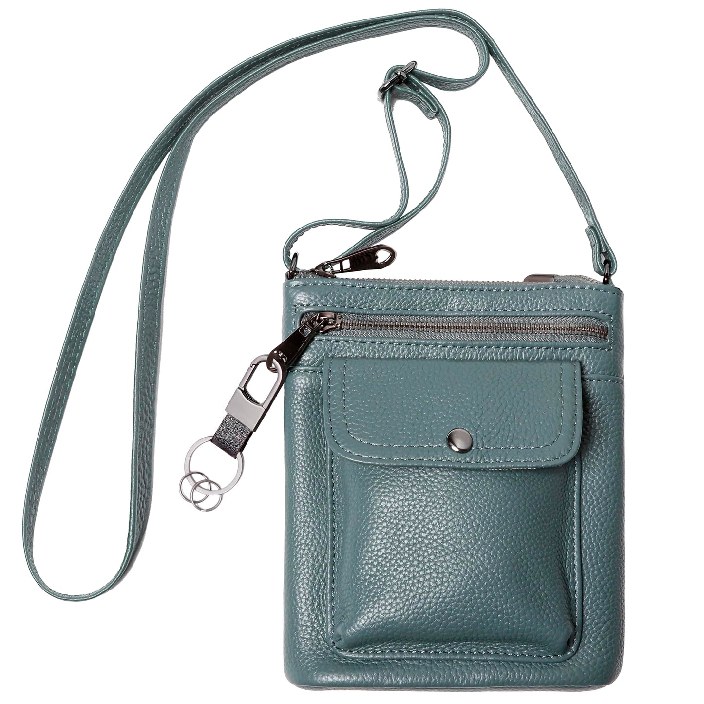 Genuine Leather Adjustable Small Crossbody Phone Purses Key Ring Strap, Travel Zipper Shoulder Handbags, Pockets Credit Card (Blue)